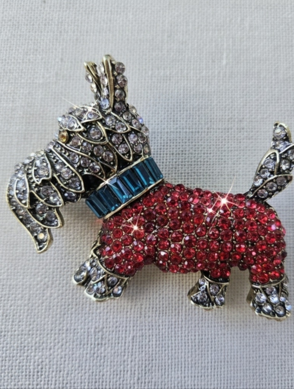 Elegant Crystal-Embellished Scotty Dog Brooch, Red And Green